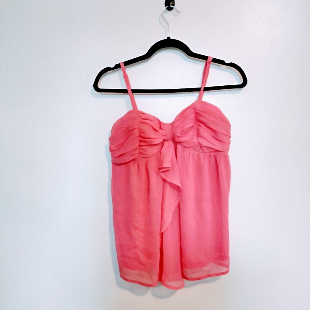 Walk and Talk pink y2k spaghetti straps babydoll top with ruffle. Adjustable st